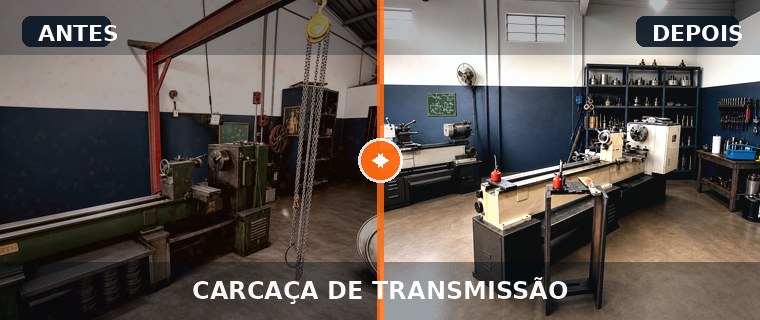 Antes e depois de carcaça de transmissão